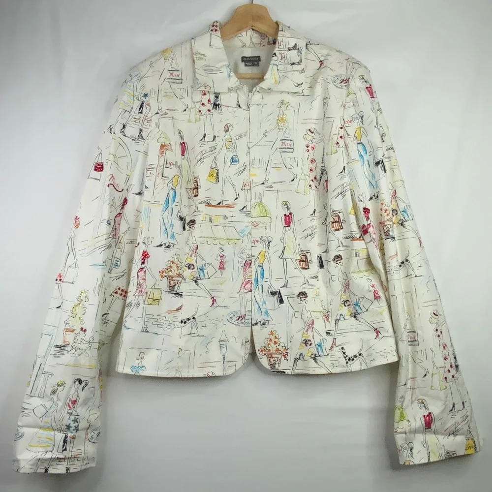 Anthracite Women White City Sketch Print Sequin Zip Up Jacket Blazer Size 16